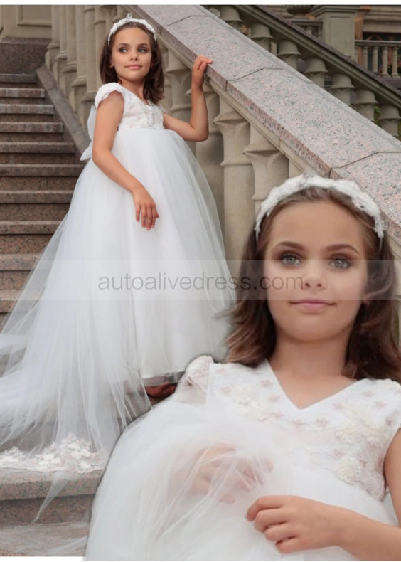 Pink Lace Ivory Tulle Flower Girl Dress With Train
